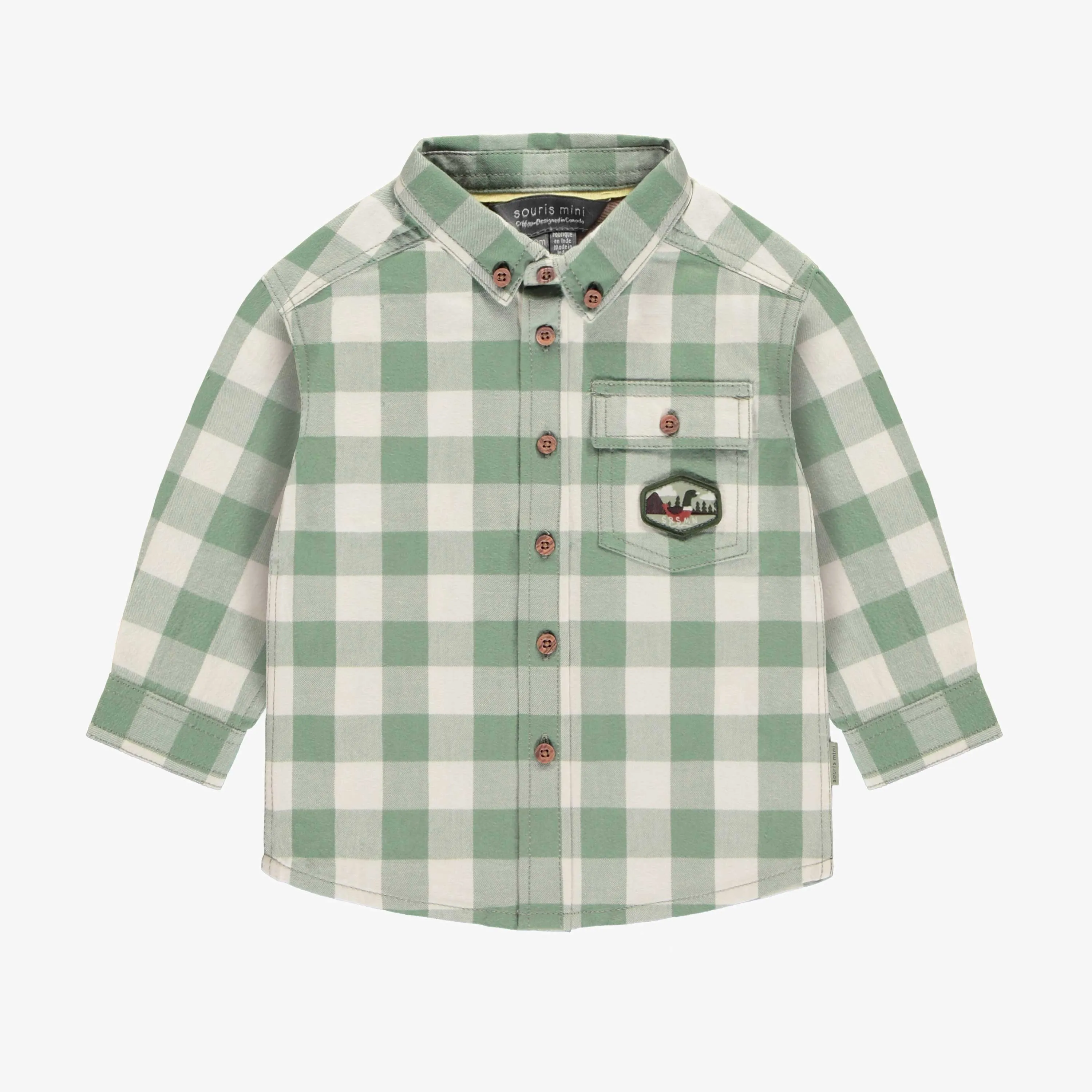 Chemise à manches longues verte et crème à carreaux en flanelle, bébé || Green and cream plaid long sleeves shirt in flannel, baby