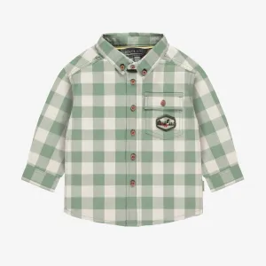 Chemise à manches longues verte et crème à carreaux en flanelle, bébé || Green and cream plaid long sleeves shirt in flannel, baby