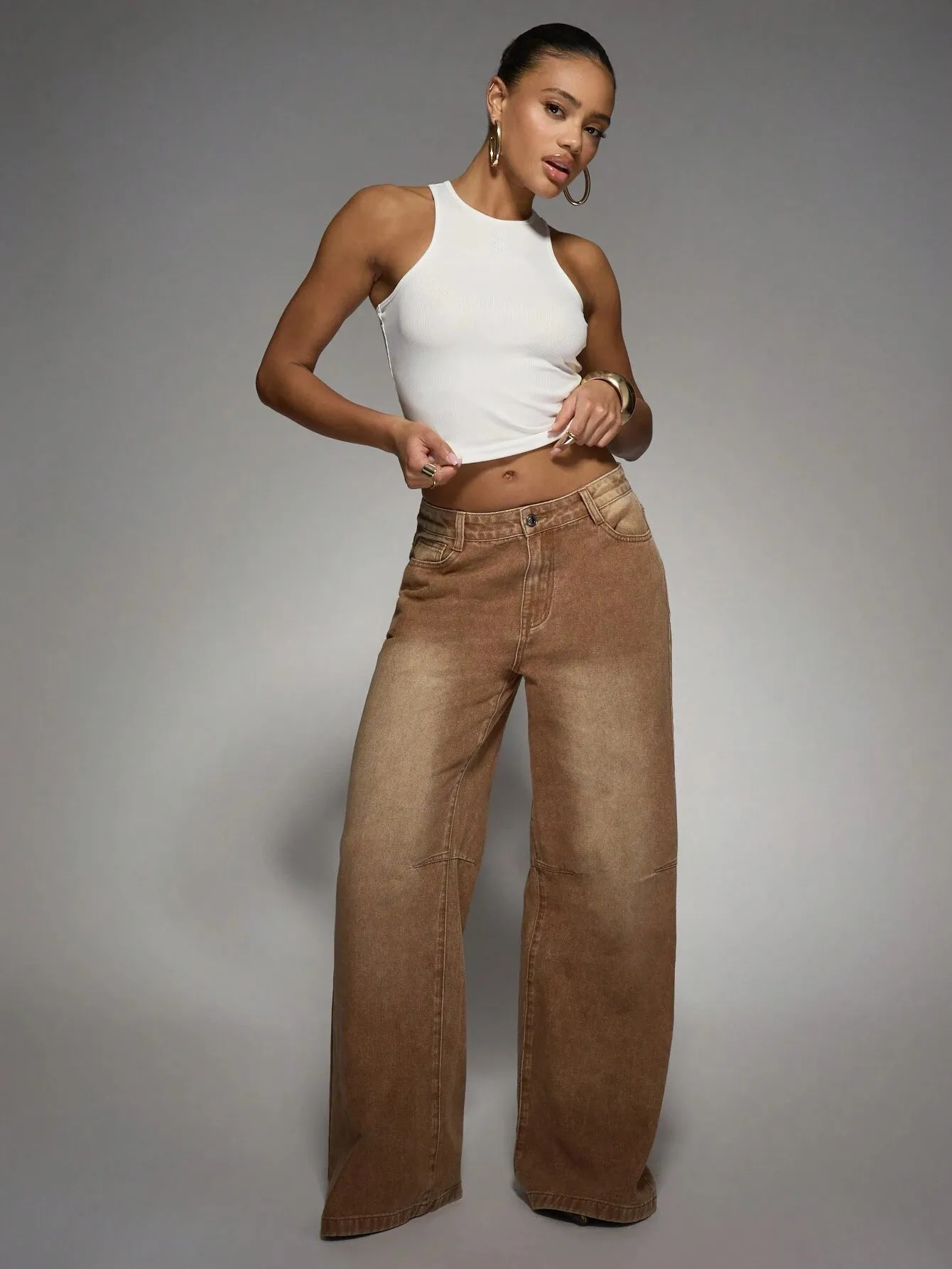 Chocolate Wash Baggy Wide-Leg Jeans – Trendy & Relaxed Fit Denim