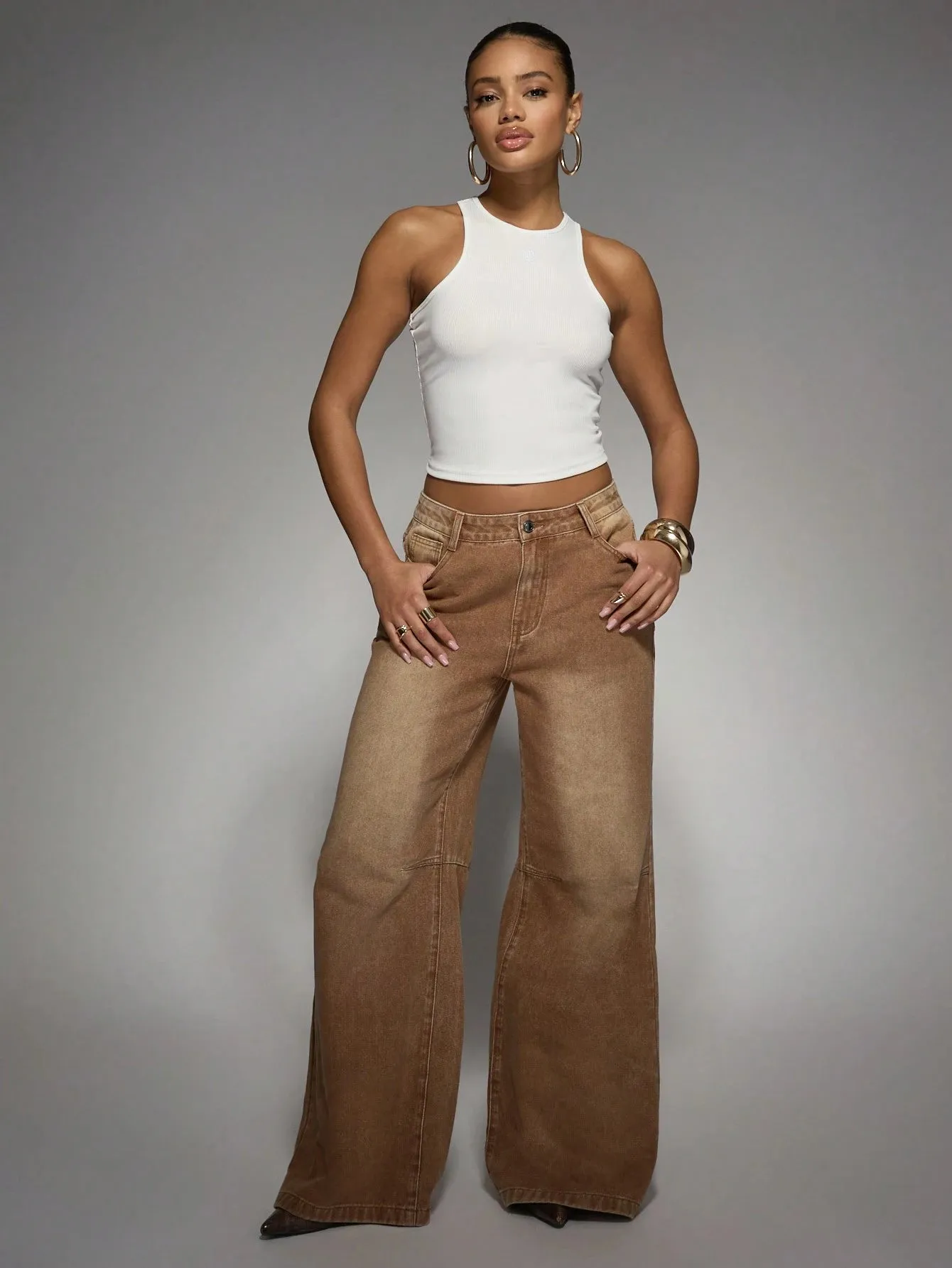 Chocolate Wash Baggy Wide-Leg Jeans – Trendy & Relaxed Fit Denim