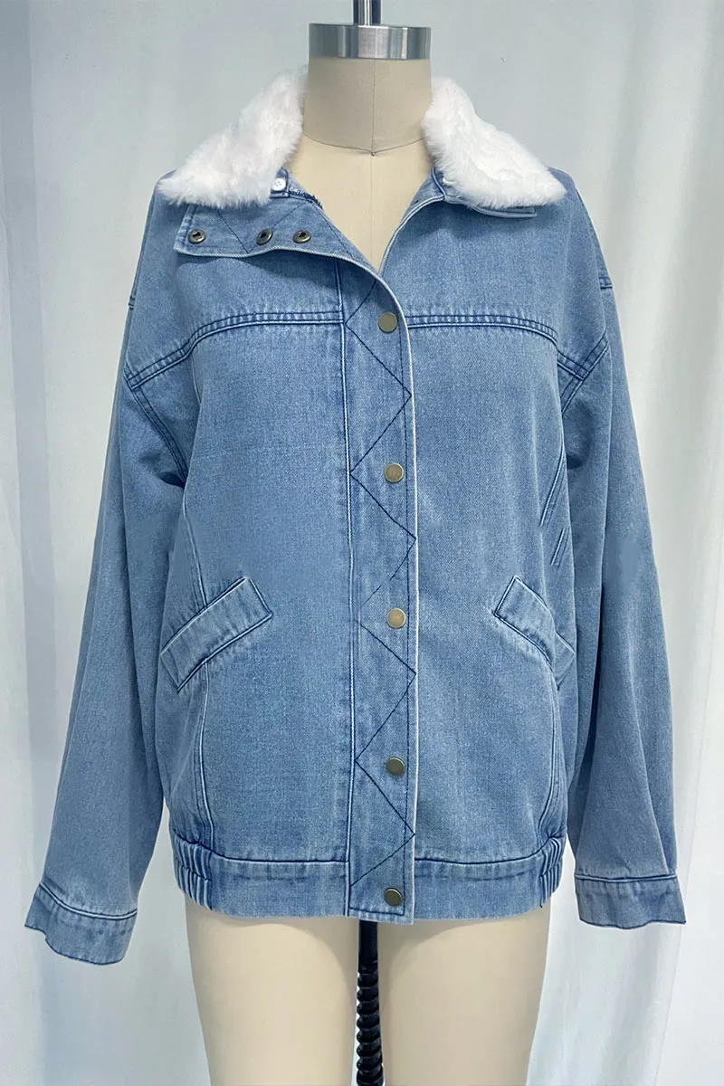 CJ665 Denim Faux Fur Collar Jacket