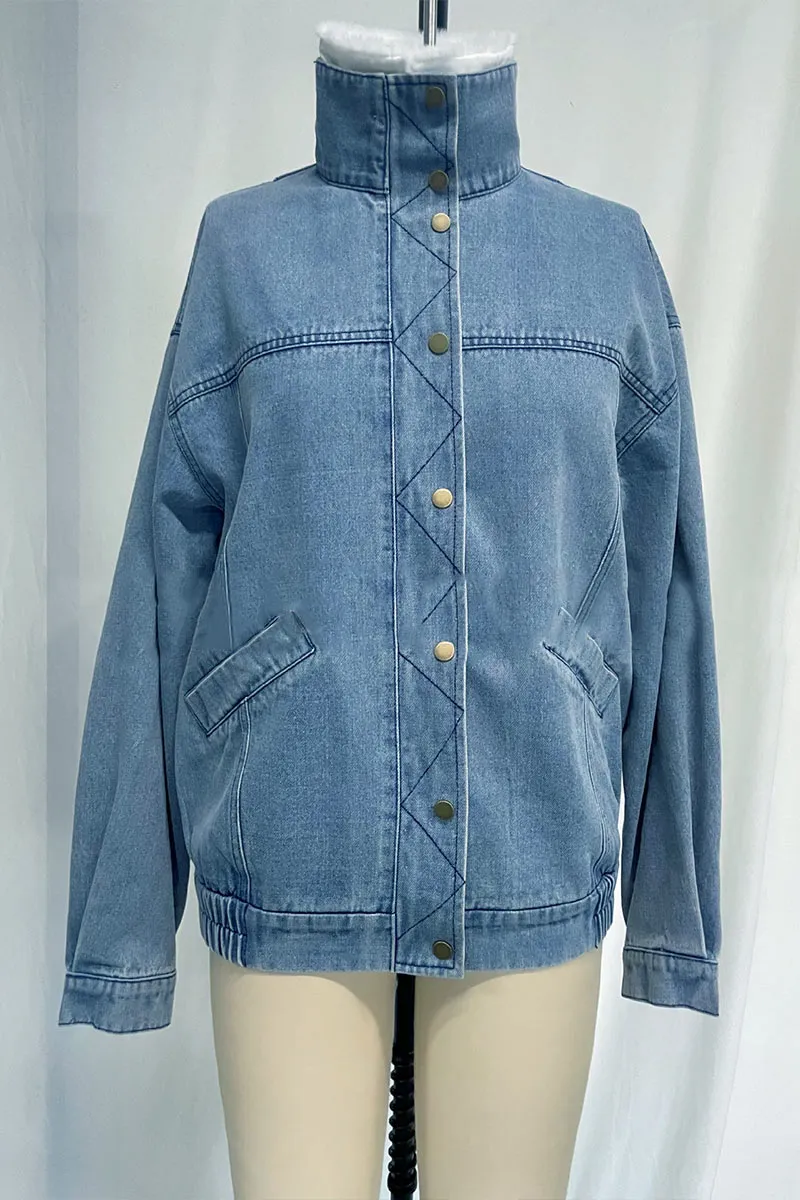 CJ665 Denim Faux Fur Collar Jacket