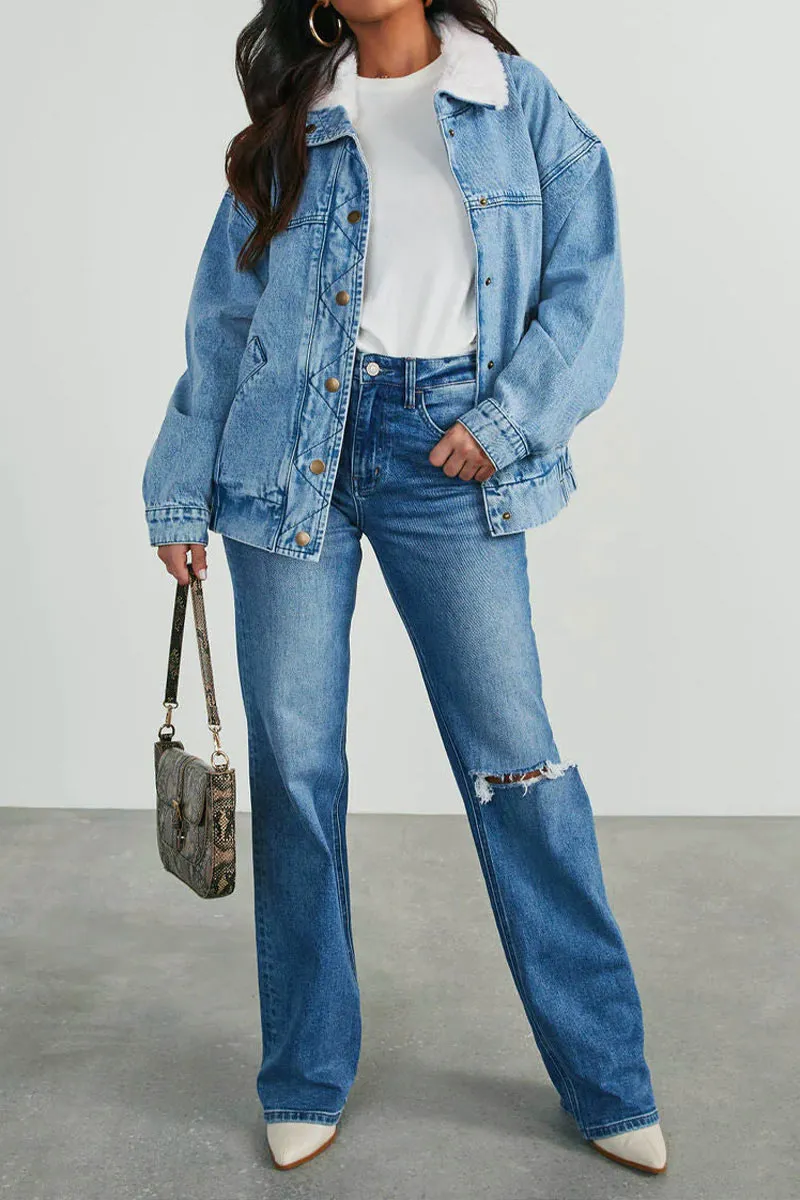 CJ665 Denim Faux Fur Collar Jacket