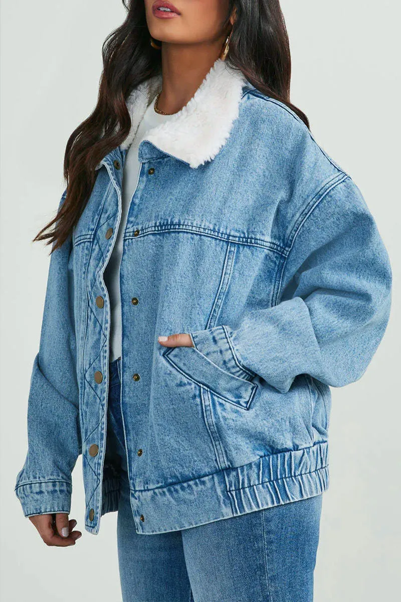 CJ665 Denim Faux Fur Collar Jacket