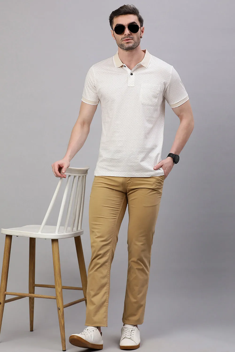 Classic Polo Men's Half Sleeve Beige Polo Neck Slim Fit All Over Print T-Shirt | BELLO - 312 A SF P