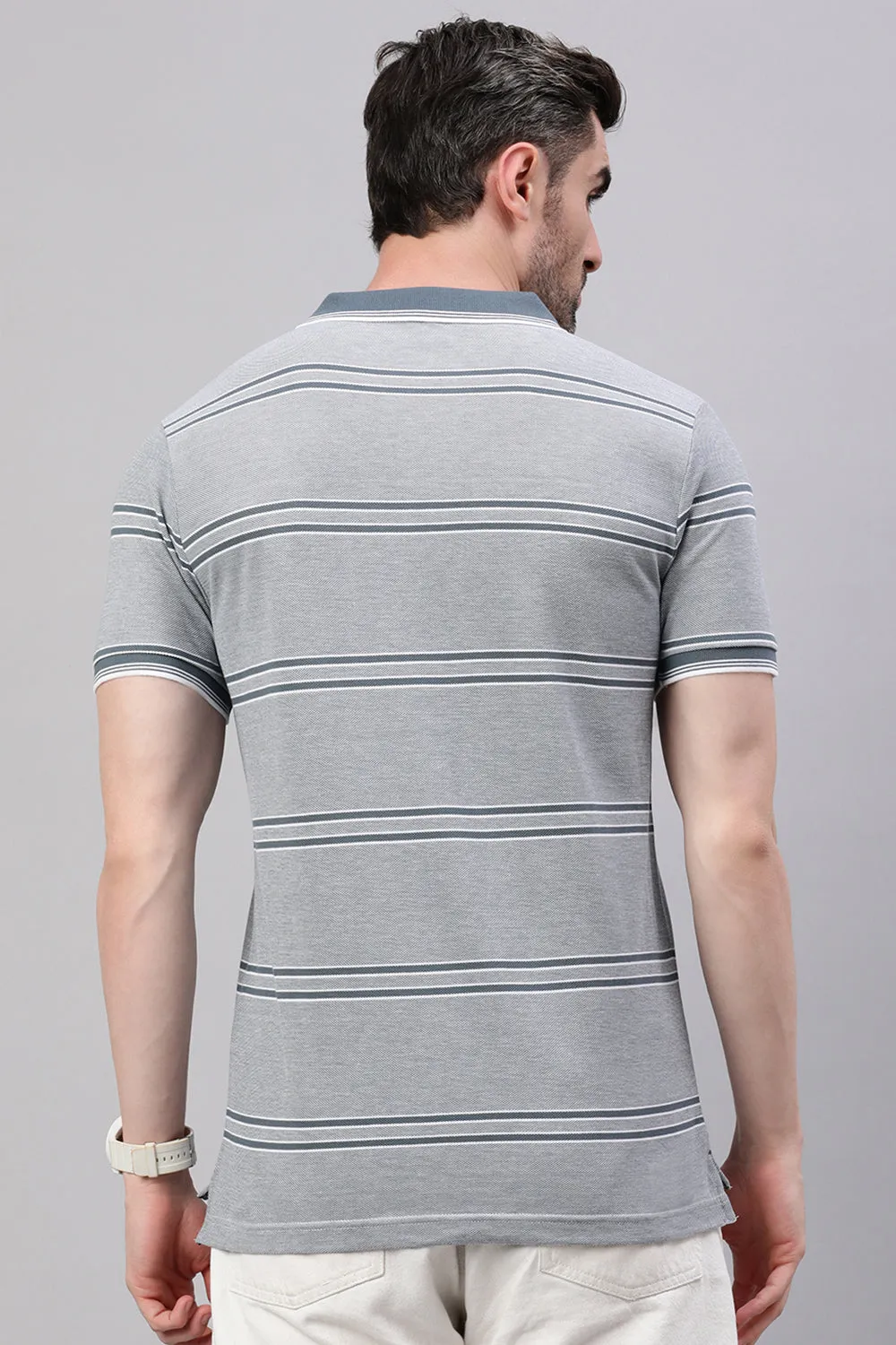 Classic Polo Men's Half Sleeve Grey Polo Neck Slim Fit Striped T-Shirt