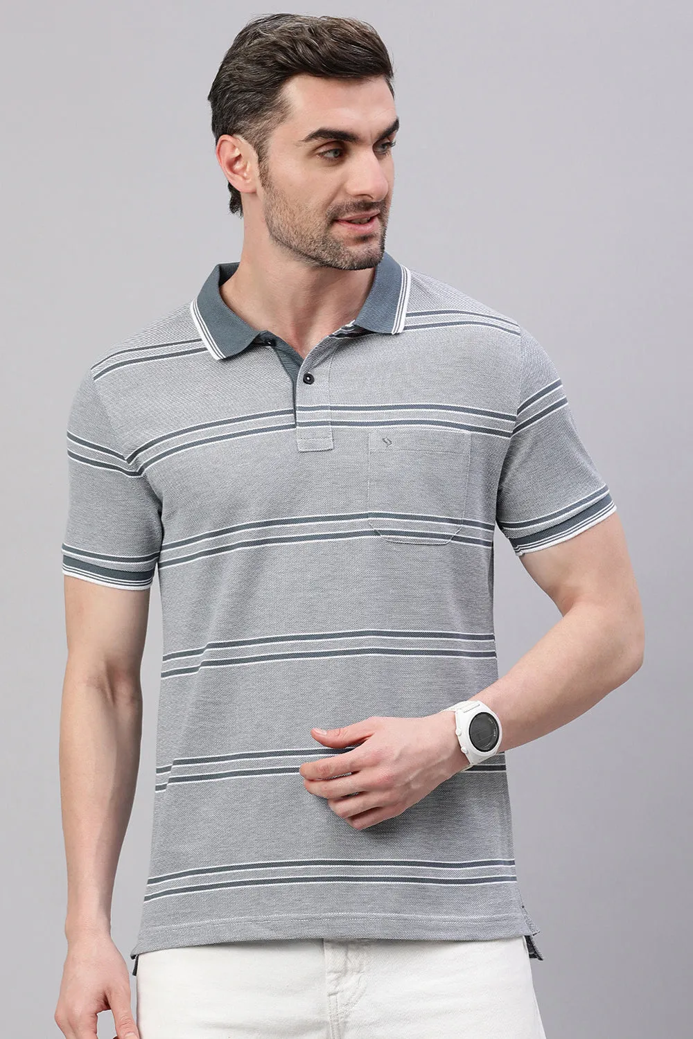 Classic Polo Men's Half Sleeve Grey Polo Neck Slim Fit Striped T-Shirt