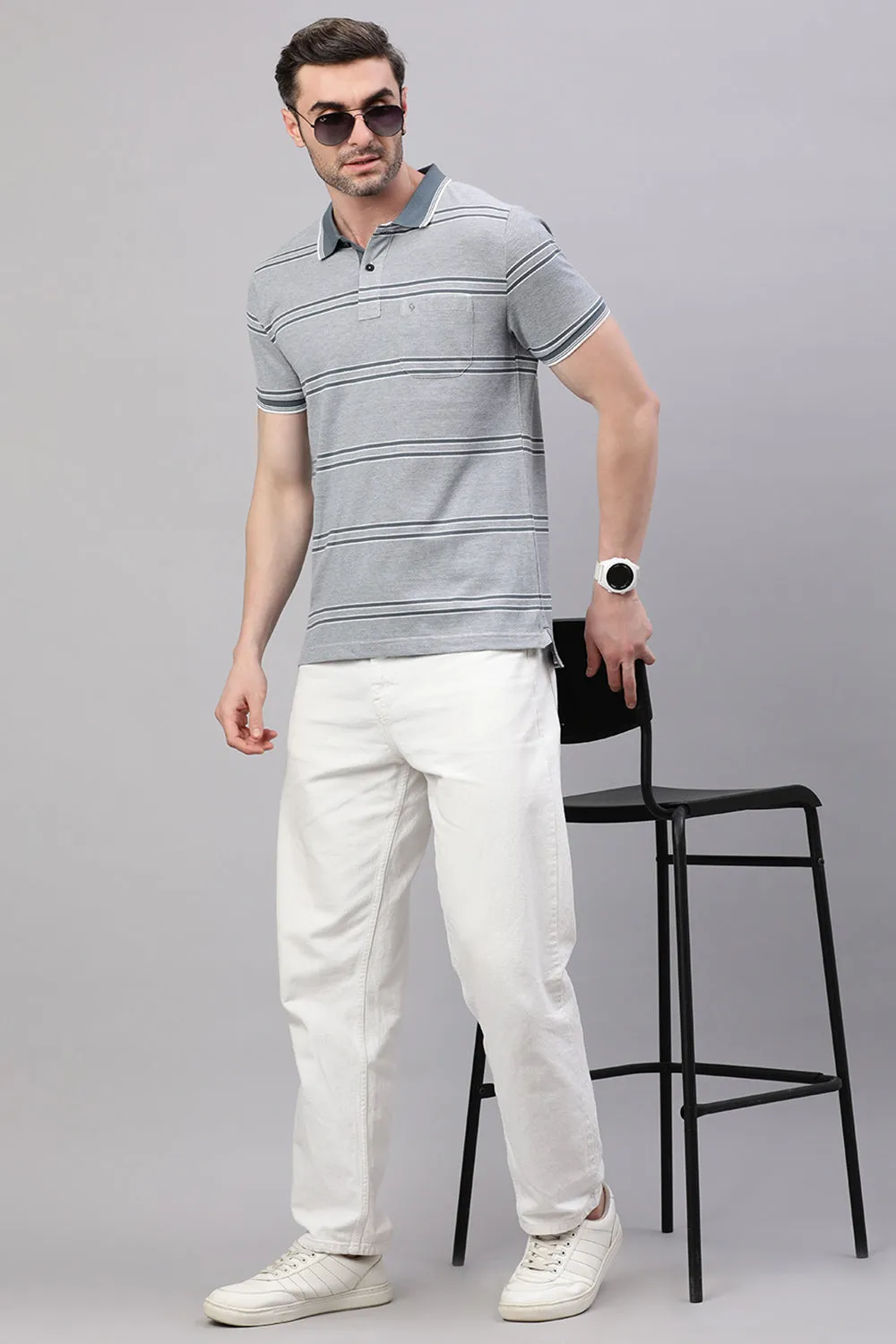 Classic Polo Men's Half Sleeve Grey Polo Neck Slim Fit Striped T-Shirt