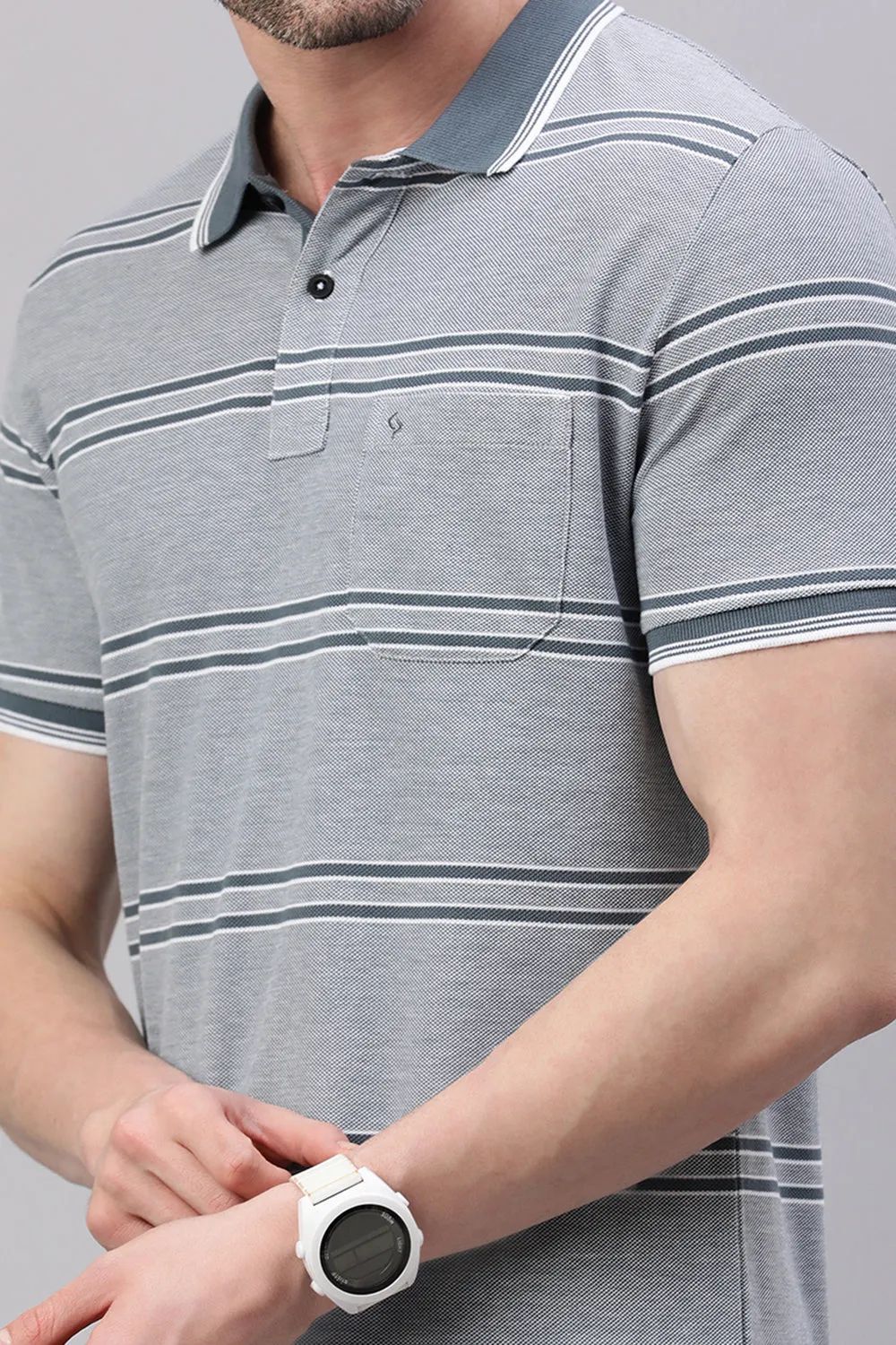Classic Polo Men's Half Sleeve Grey Polo Neck Slim Fit Striped T-Shirt
