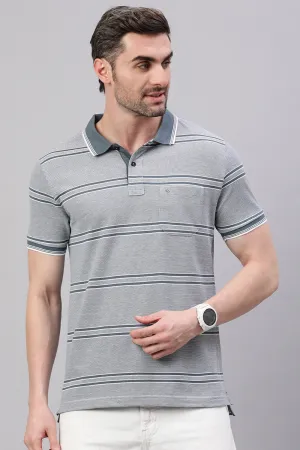 Classic Polo Men's Half Sleeve Grey Polo Neck Slim Fit Striped T-Shirt