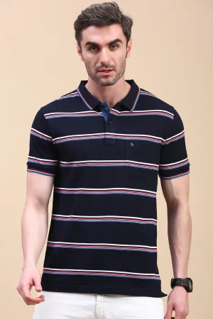 Classic Polo Men's Half Sleeve Navy Blue Polo Neck Slim Fit Striped T-Shirt