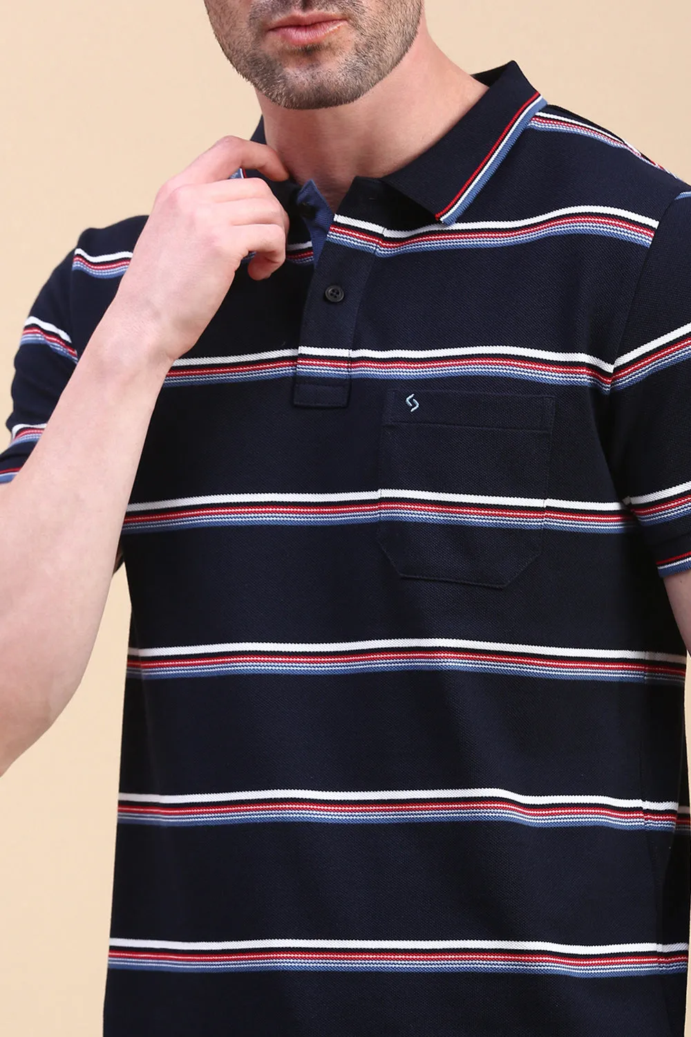 Classic Polo Men's Half Sleeve Navy Blue Polo Neck Slim Fit Striped T-Shirt