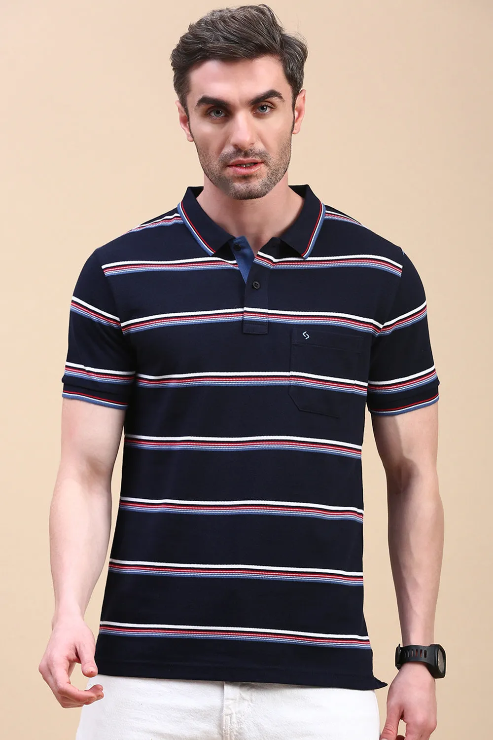Classic Polo Men's Half Sleeve Navy Blue Polo Neck Slim Fit Striped T-Shirt