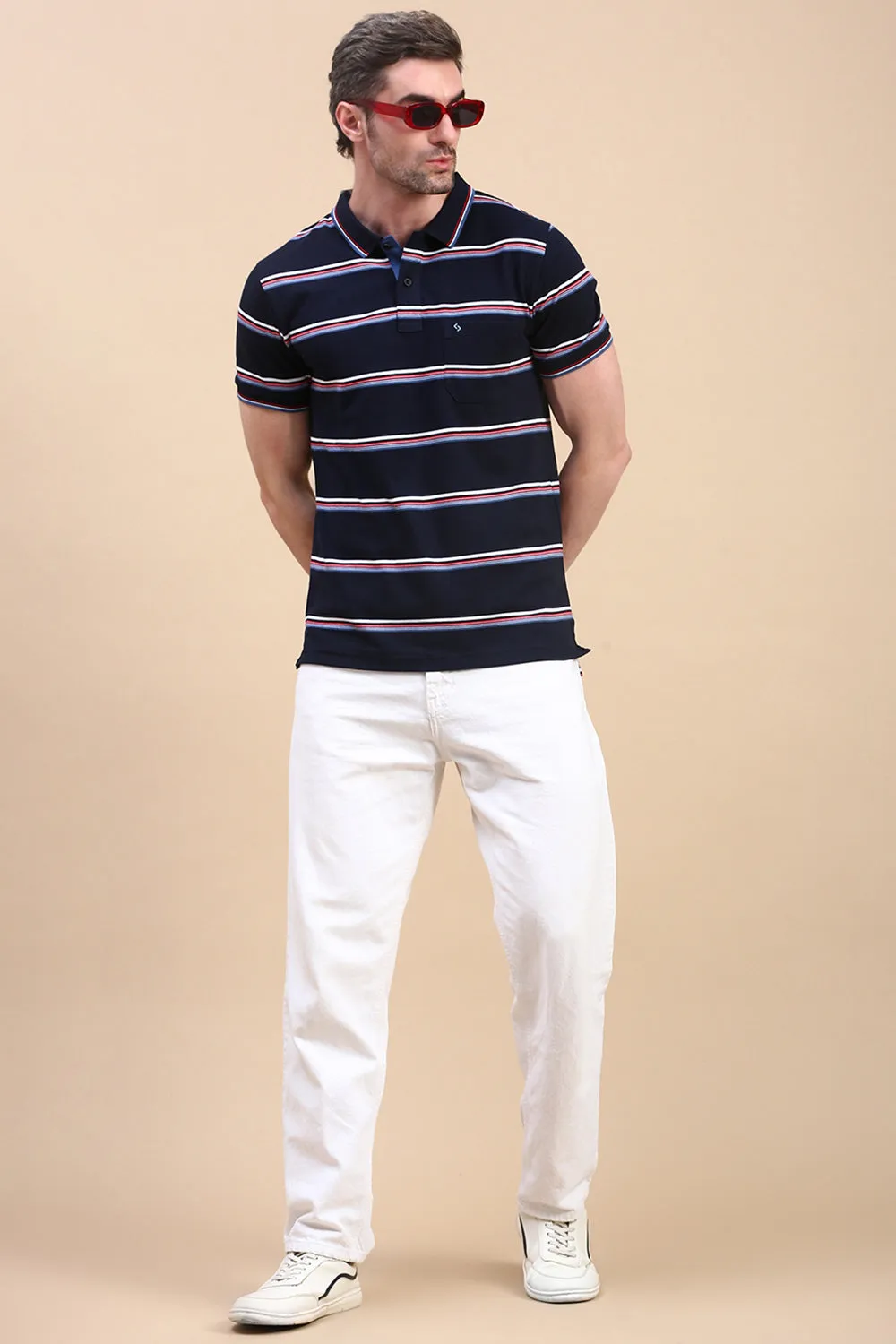 Classic Polo Men's Half Sleeve Navy Blue Polo Neck Slim Fit Striped T-Shirt