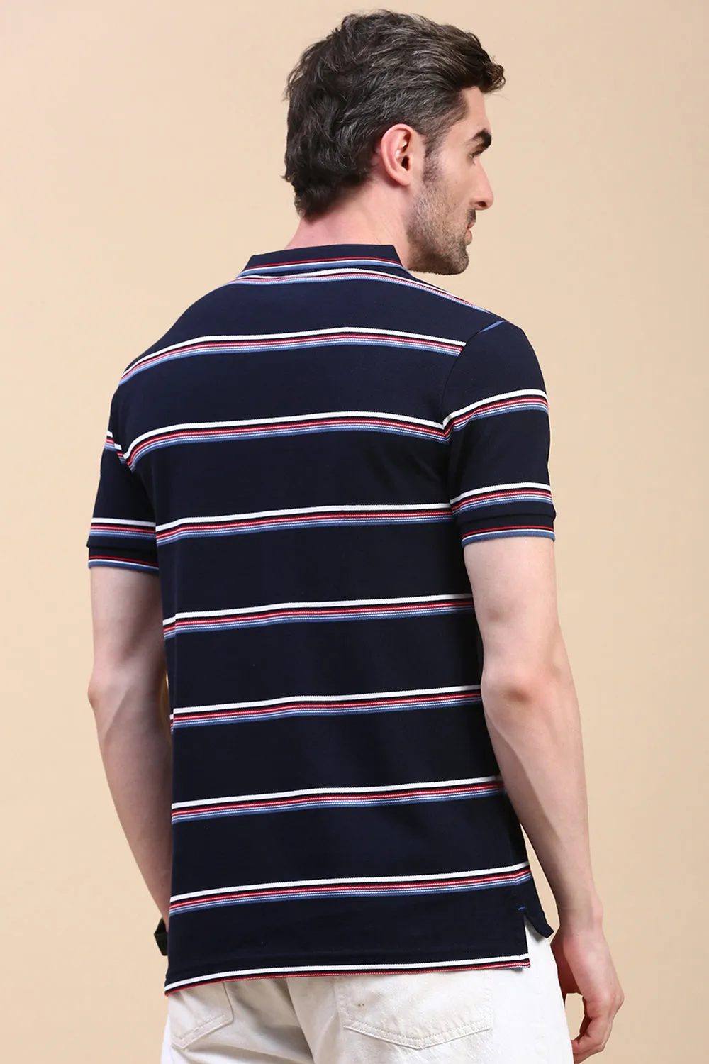 Classic Polo Men's Half Sleeve Navy Blue Polo Neck Slim Fit Striped T-Shirt