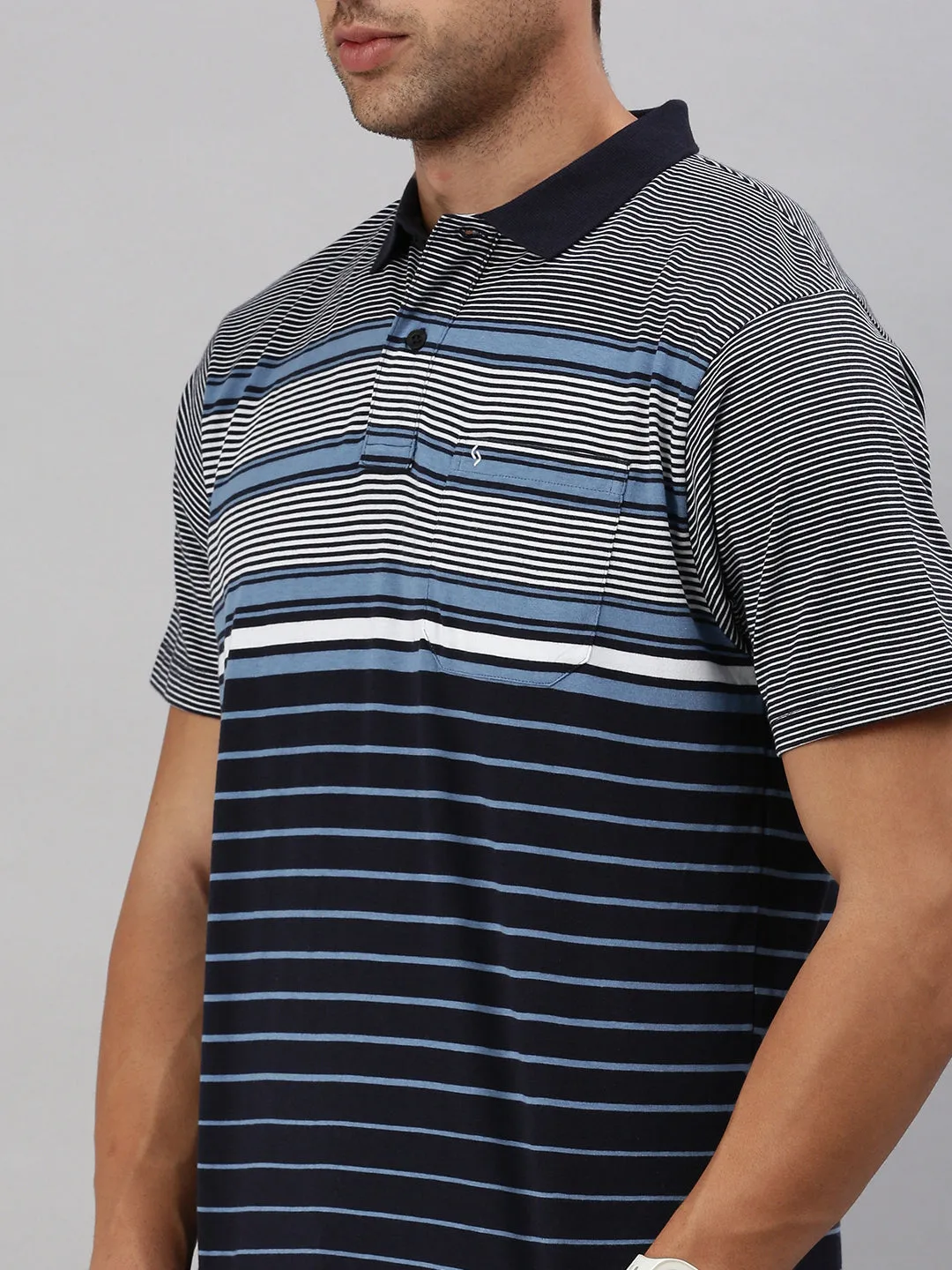 Classic Polo Men's Half Sleeve Navy Blue/White Polo Neck Authentic Fit Striped T-Shirt | AVON - 591 A AF P