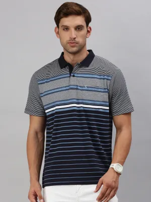Classic Polo Men's Half Sleeve Navy Blue/White Polo Neck Authentic Fit Striped T-Shirt | AVON - 591 A AF P