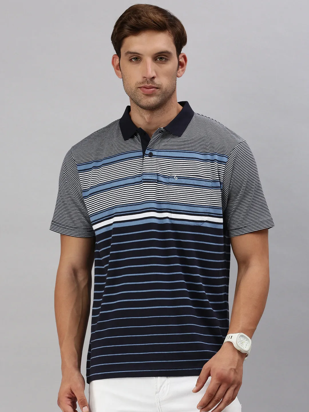 Classic Polo Men's Half Sleeve Navy Blue/White Polo Neck Authentic Fit Striped T-Shirt | AVON - 591 A AF P