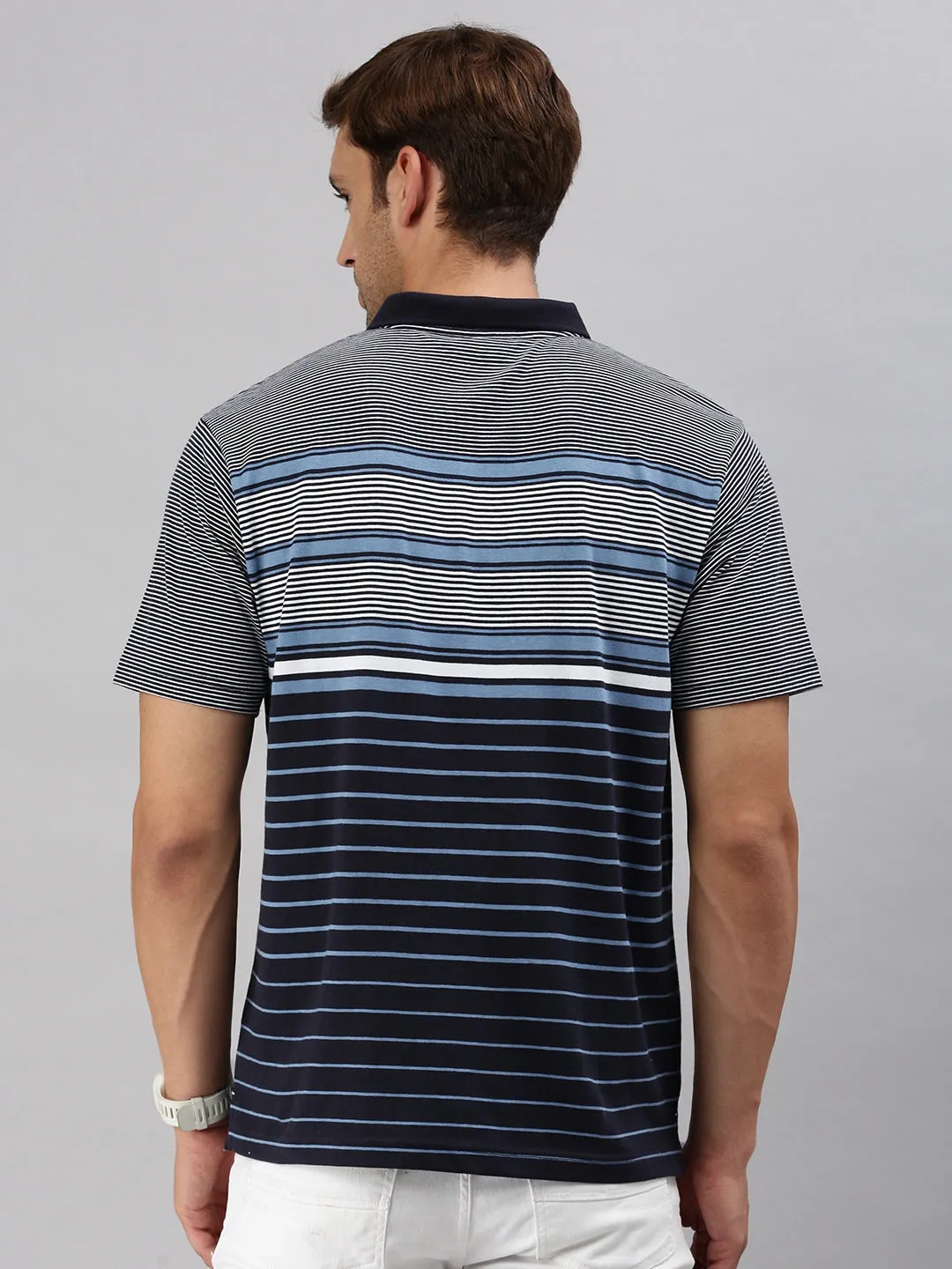 Classic Polo Men's Half Sleeve Navy Blue/White Polo Neck Authentic Fit Striped T-Shirt | AVON - 591 A AF P