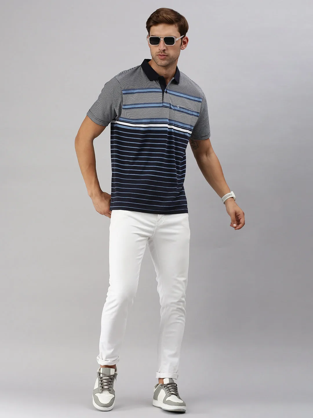 Classic Polo Men's Half Sleeve Navy Blue/White Polo Neck Authentic Fit Striped T-Shirt | AVON - 591 A AF P