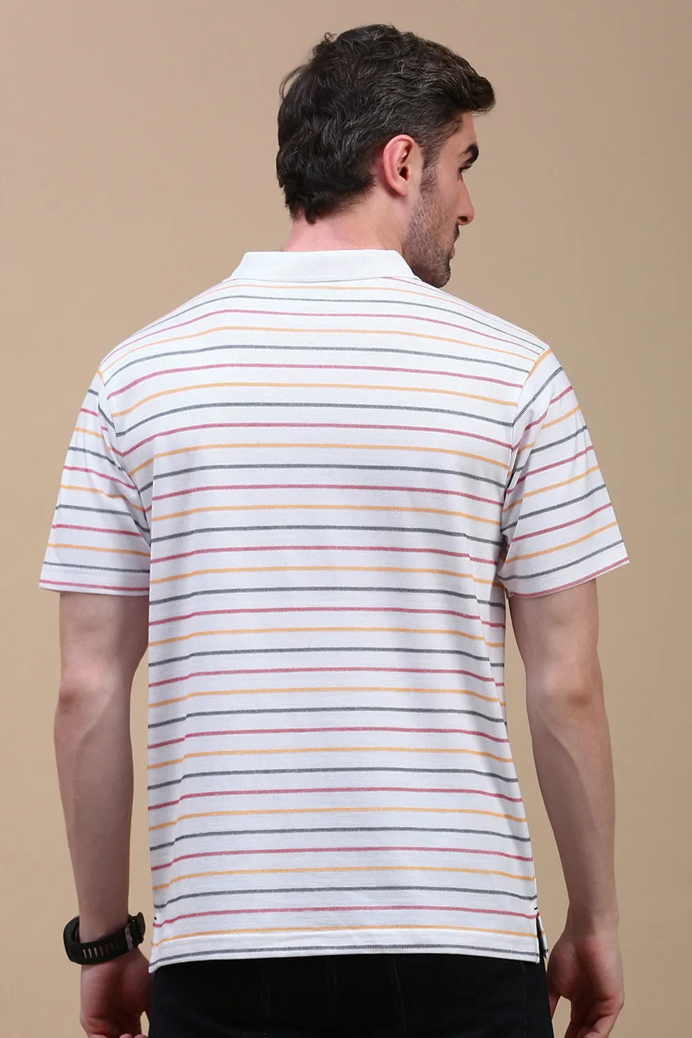 Classic Polo Men's Half Sleeve White Polo Neck Authentic Fit Striped T-Shirt | AVON - 602 A AF P