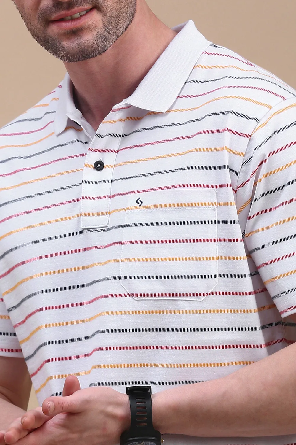 Classic Polo Men's Half Sleeve White Polo Neck Authentic Fit Striped T-Shirt | AVON - 602 A AF P