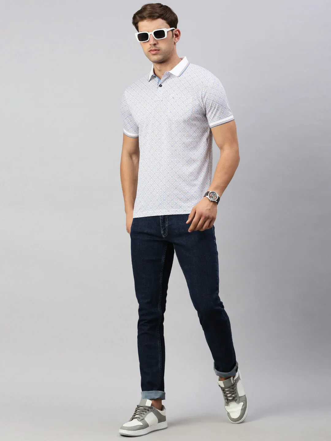 Classic Polo Men's Printed Lt.Blue Cotton Slim Fit Half Sleeve T-Shirt | BELLO - 298 A SF P