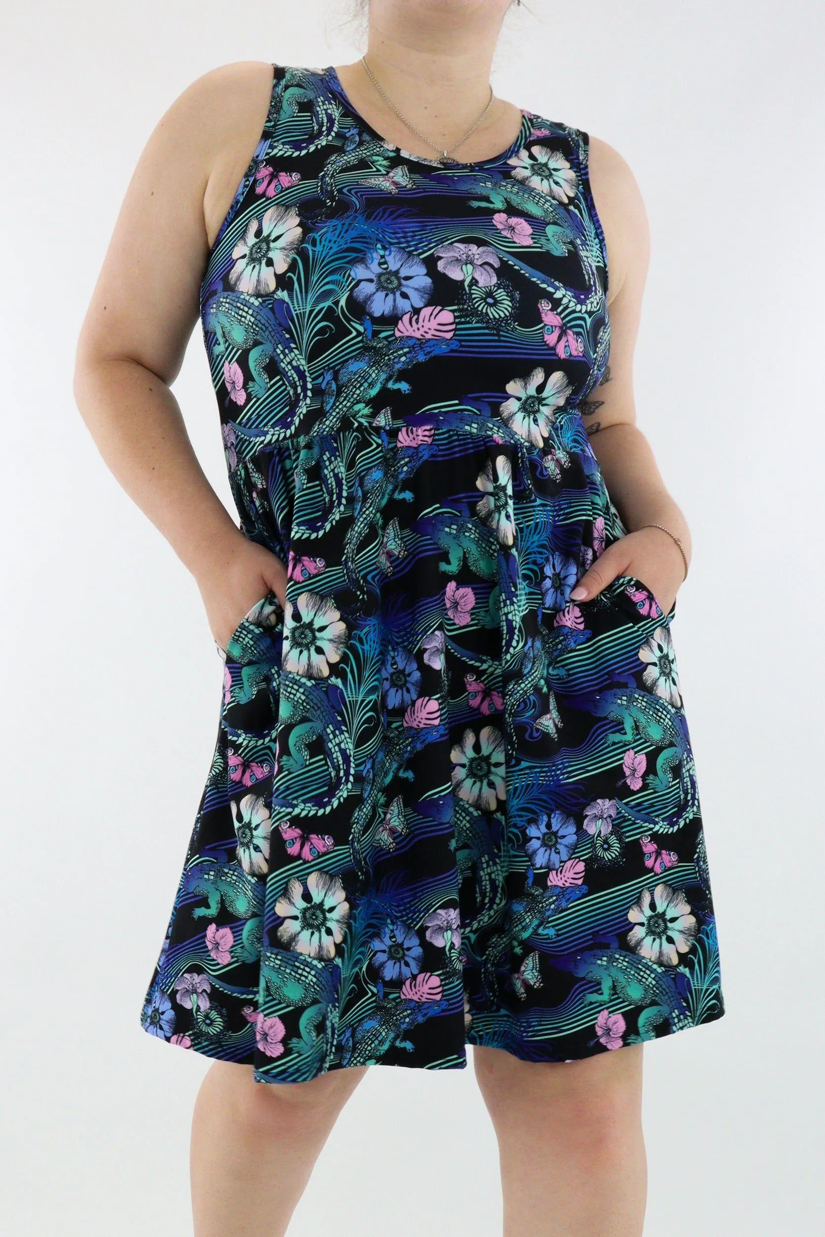 Crocodile Tropics - Sleeveless Skater Dress - Knee Length - Side Pockets