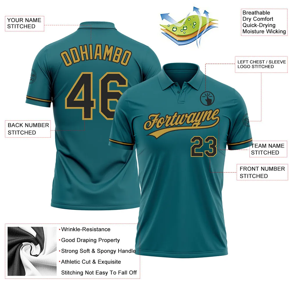 Custom Teal Black-Old Gold Performance Vapor Golf Polo Shirt