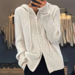 CWOHOL0354_ Casual Zip-Up Open Front Hoodie Cardigan Sweater: IVORY / (OS) 1