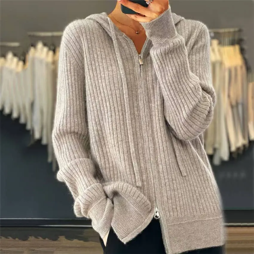 CWOHOL0354_ Casual Zip-Up Open Front Hoodie Cardigan Sweater: IVORY / (OS) 1
