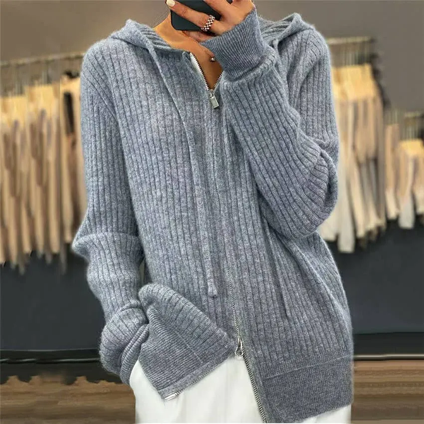 CWOHOL0354_ Casual Zip-Up Open Front Hoodie Cardigan Sweater: IVORY / (OS) 1