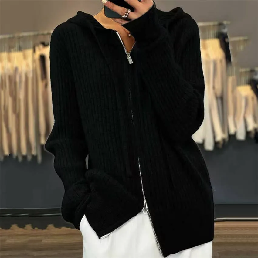 CWOHOL0354_ Casual Zip-Up Open Front Hoodie Cardigan Sweater: IVORY / (OS) 1
