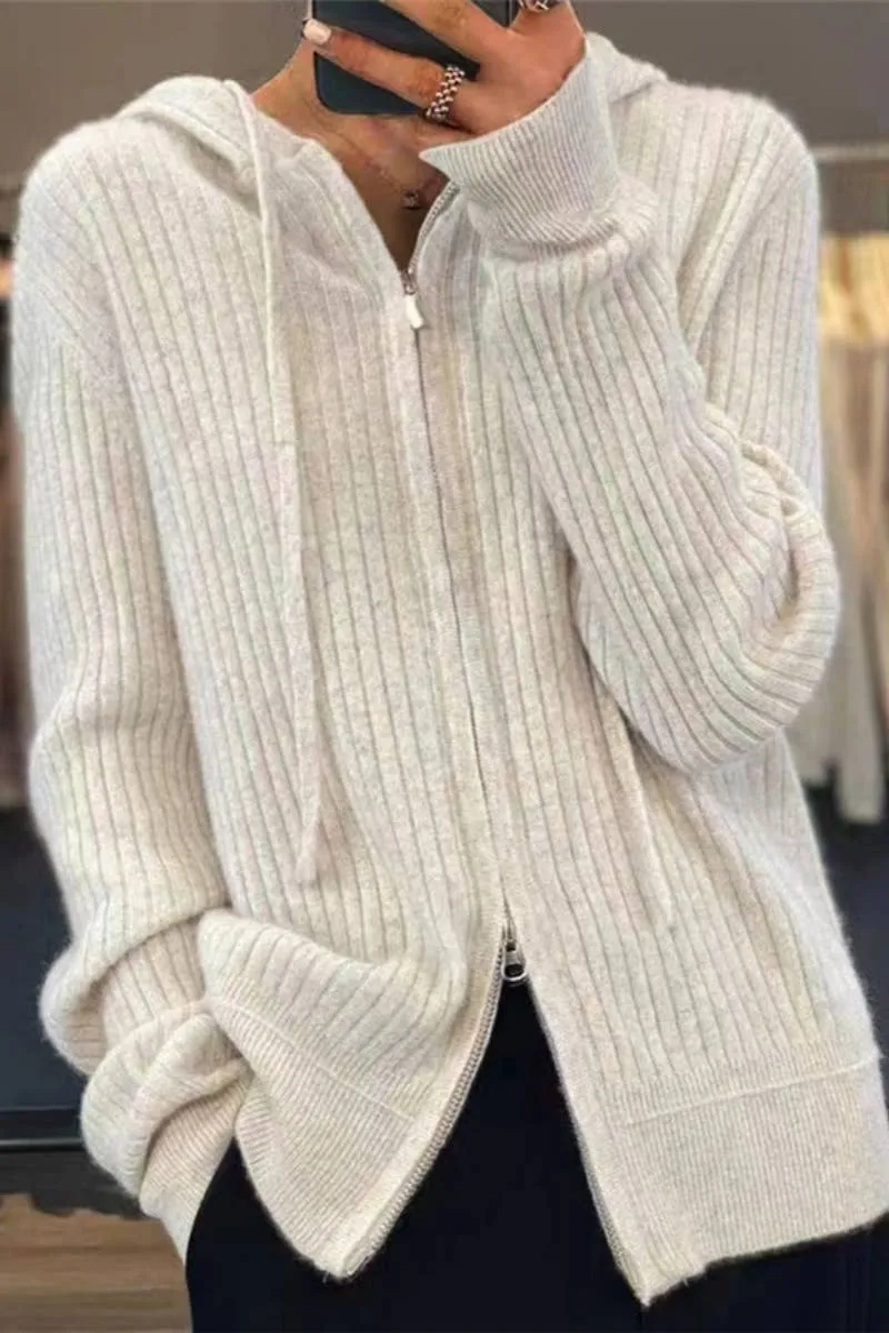 CWOHOL0354_ Casual Zip-Up Open Front Hoodie Cardigan Sweater: IVORY / (OS) 1