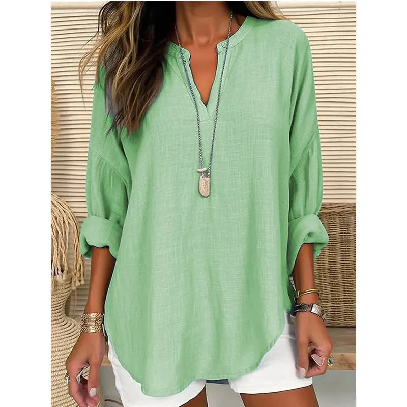 CWTBLL0260_Blouse Linen Long Sleeve Casual V Neck Top: White / (XL) 1