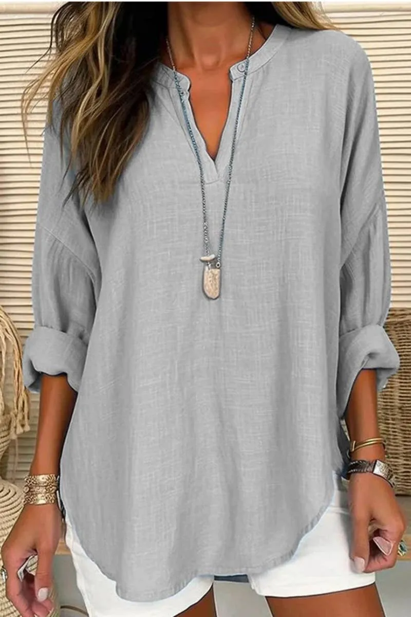 CWTBLL0260_Blouse Linen Long Sleeve Casual V Neck Top: White / (XL) 1