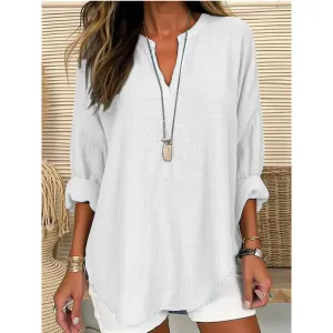 CWTBLL0260_Blouse Linen Long Sleeve Casual V Neck Top: White / (XL) 1