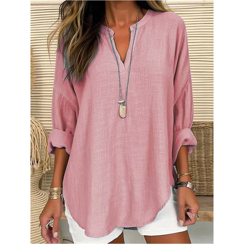 CWTBLL0260_Blouse Linen Long Sleeve Casual V Neck Top: White / (XL) 1