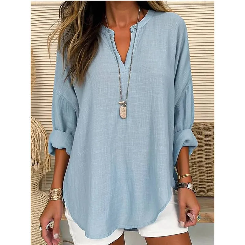 CWTBLL0260_Blouse Linen Long Sleeve Casual V Neck Top: White / (XL) 1