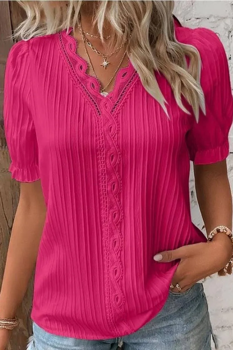 CWTBLS1468_SOLID COLOR V-NECK HOLLOW SHORT-SLEEVED SHIRT: APRICOT / (XL) 1