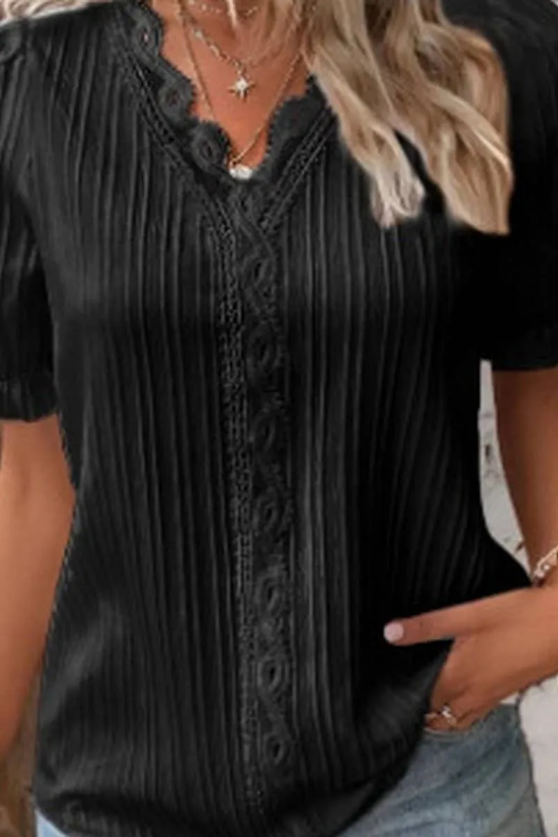 CWTBLS1468_SOLID COLOR V-NECK HOLLOW SHORT-SLEEVED SHIRT: APRICOT / (XL) 1