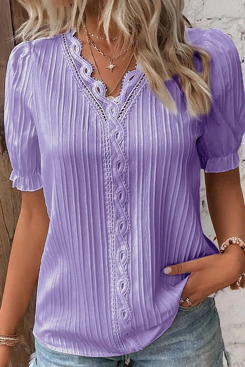 CWTBLS1468_SOLID COLOR V-NECK HOLLOW SHORT-SLEEVED SHIRT: APRICOT / (XL) 1