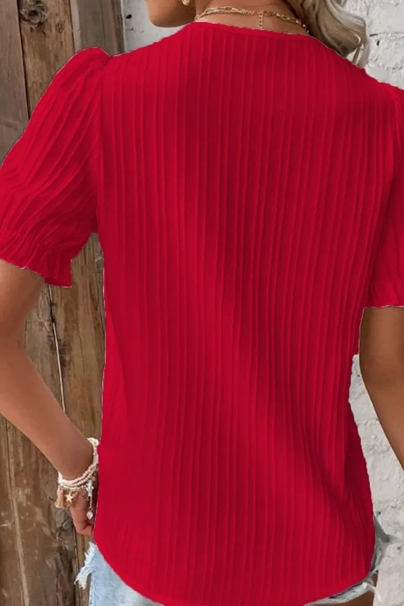 CWTBLS1468_SOLID COLOR V-NECK HOLLOW SHORT-SLEEVED SHIRT: APRICOT / (XL) 1