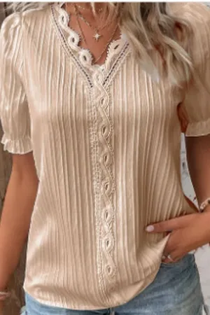 CWTBLS1468_SOLID COLOR V-NECK HOLLOW SHORT-SLEEVED SHIRT: APRICOT / (XL) 1