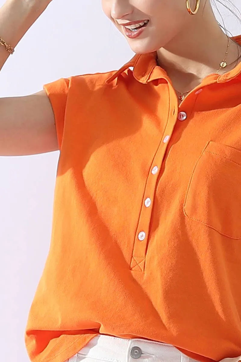 CWTTS698_JOHNNY COLLARS BUTTON CLOSER SHORT SLEEVE TOP: Orange / (XL) 1