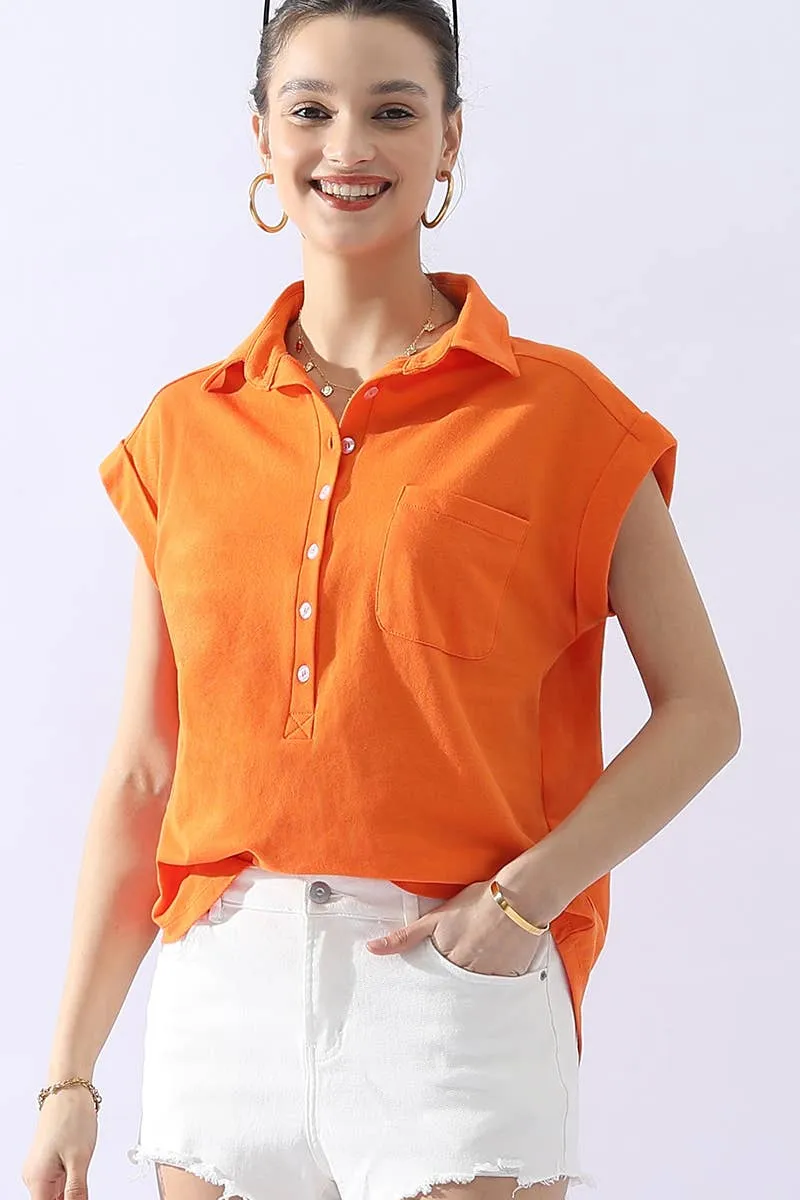CWTTS698_JOHNNY COLLARS BUTTON CLOSER SHORT SLEEVE TOP: Orange / (XL) 1