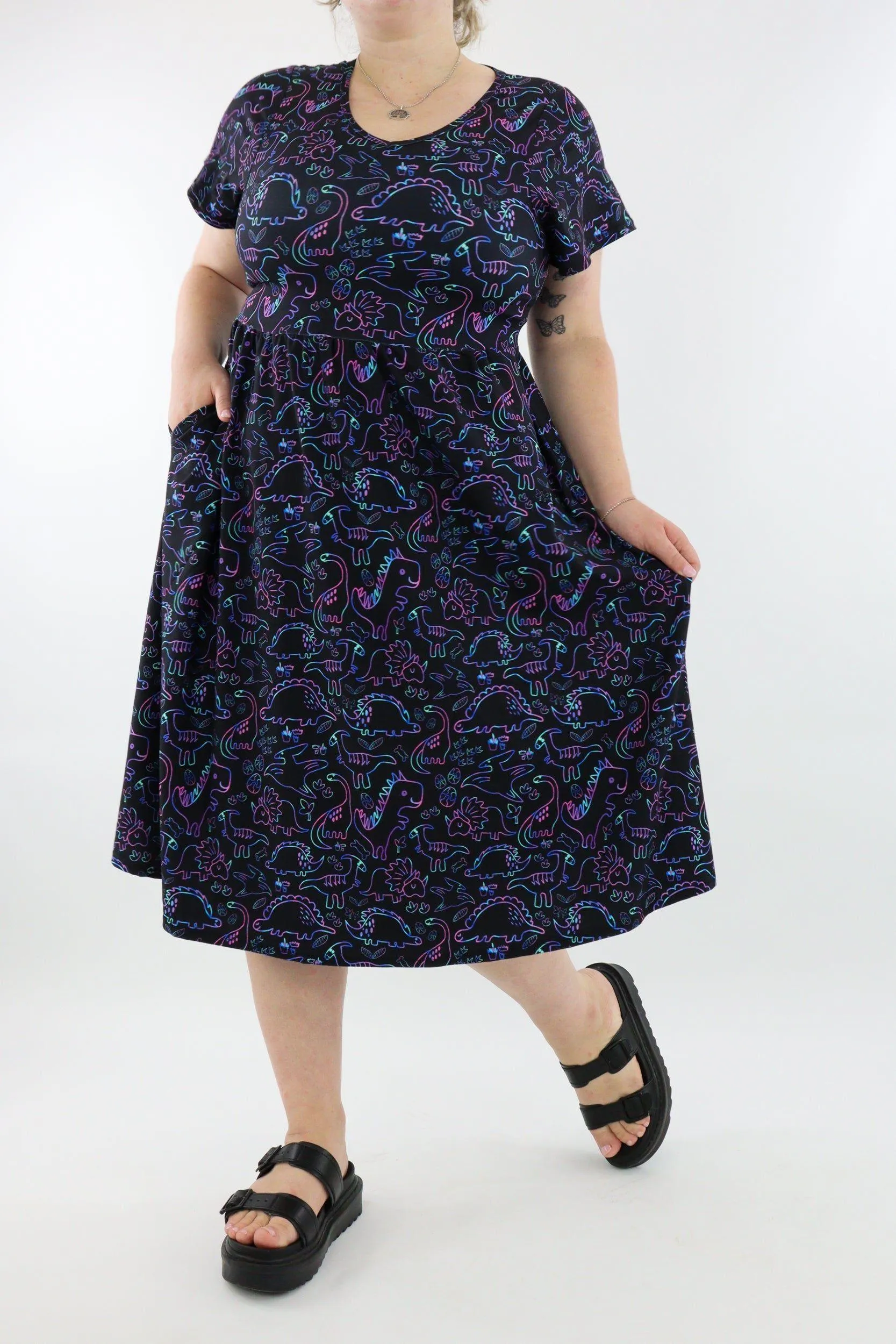 Dinosaur Party - A-Line Dress - Midi Length - Side Pockets