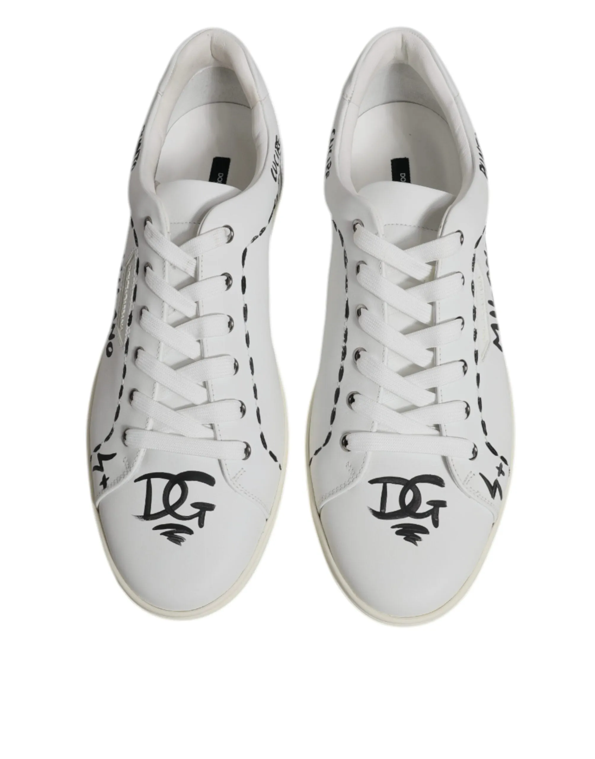 Dolce&Gabbana Men White Sneakers 100% Leather Printed Flat Low Top Trainer Shoes