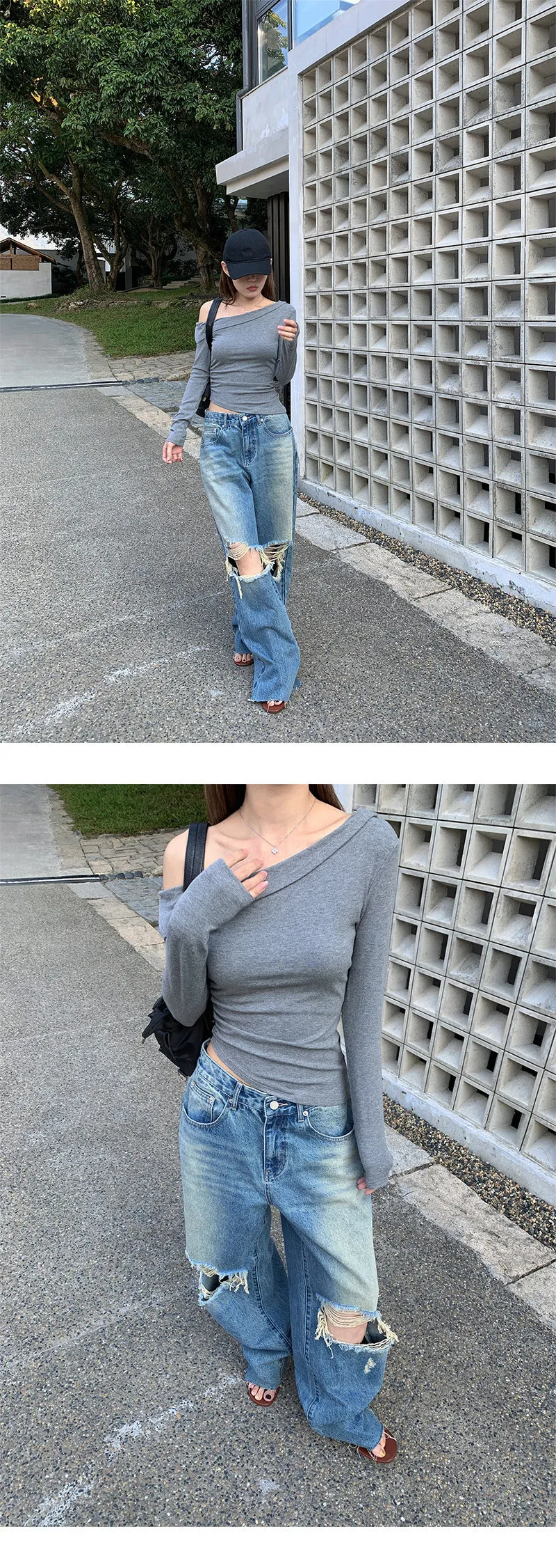 Double ripped wide-leg jeans
