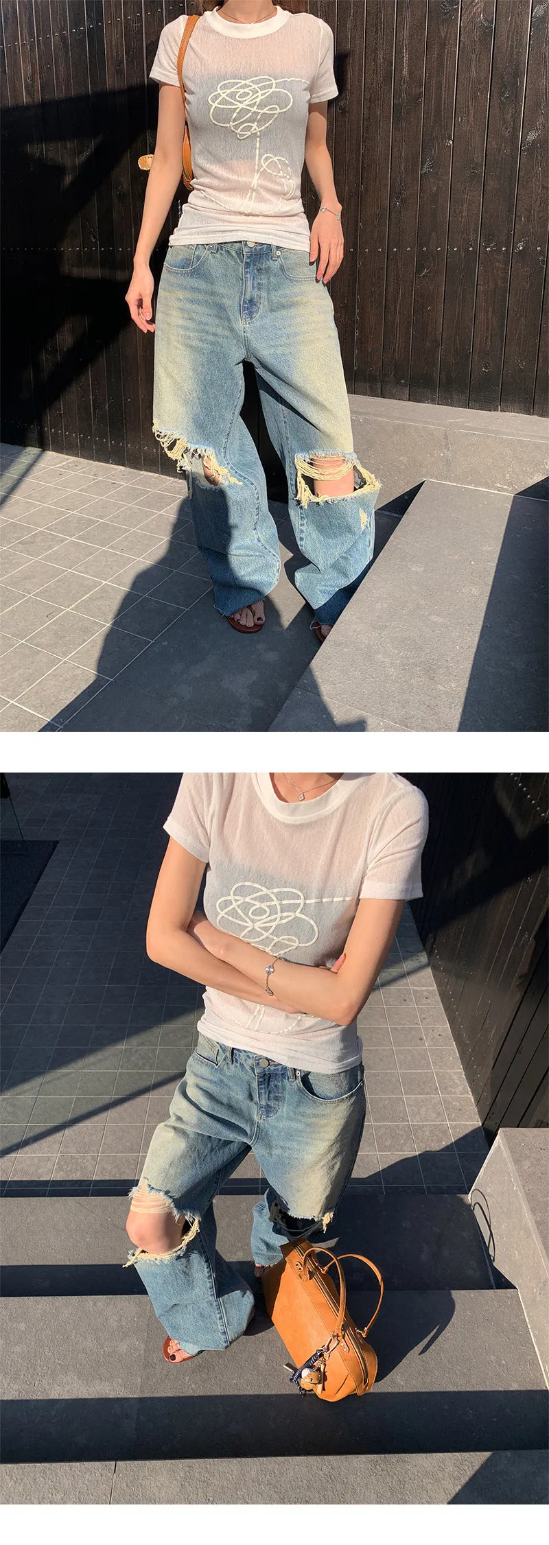 Double ripped wide-leg jeans